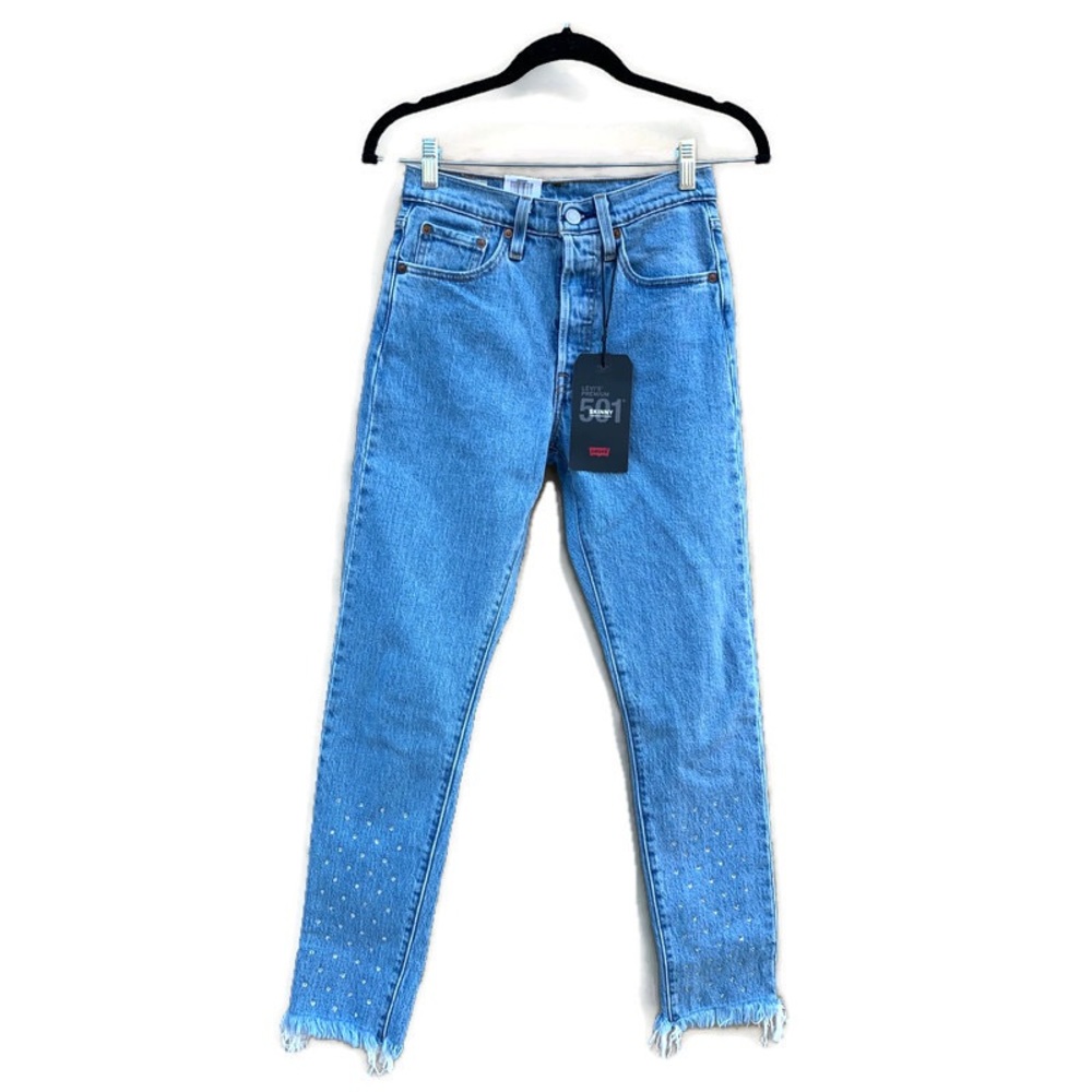 Levi’s Premium 501 Skinny High Rise Rhinestone Studded Fringe Denim Jeans NWT
